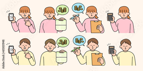 A set of man and woman planning finances, savings accounts, and money-saving. Simple Style Vector illustration.