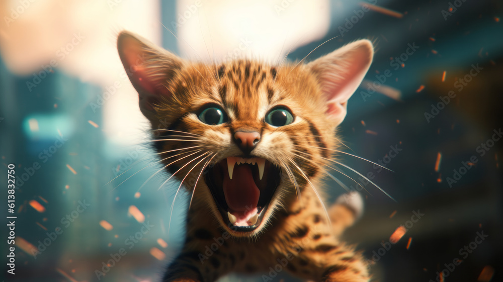 Fototapeta premium Portrait of an angry cat showing teeth looking at the camera