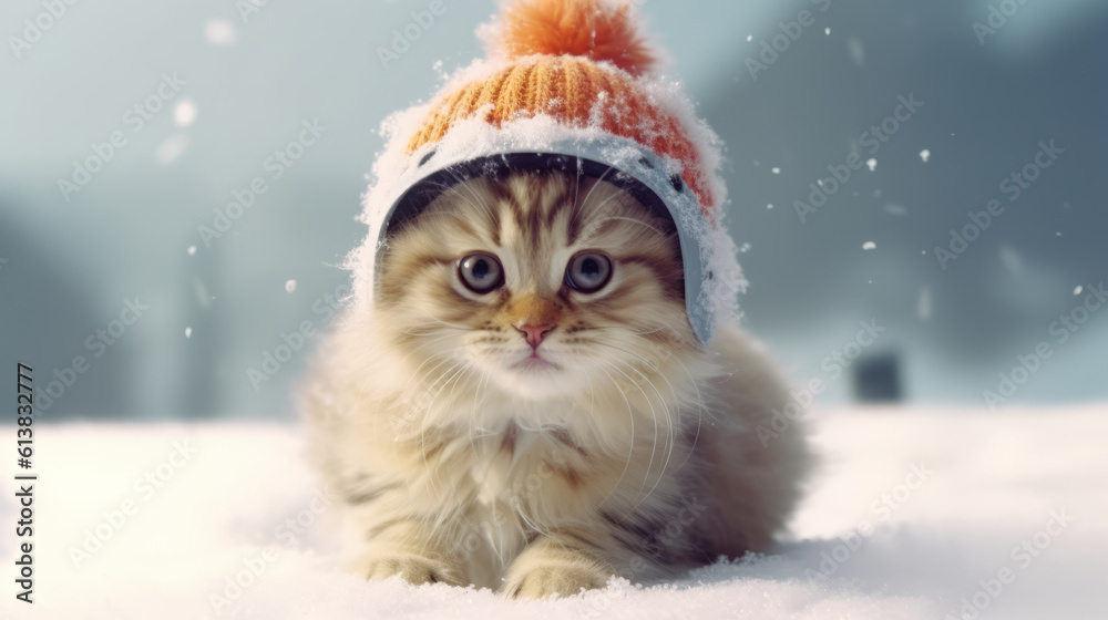 Cute cat kitten wearing a bobble hat on white snow during winter