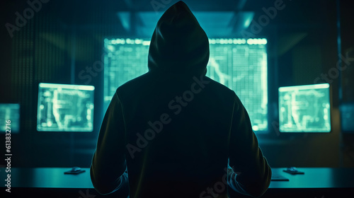 Hacker in front of a computer with many data on the screens the hacker is wearing a dark hoodie