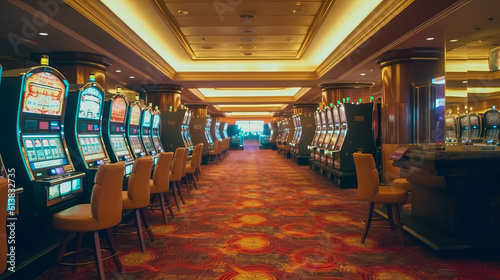 Empty Interior of a hotel casino with gambling slot machines
