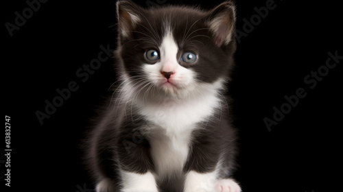Cute black and white cat kitten looking at the camera over black background