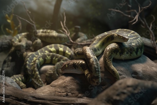 A detailed illustration of a group of reptiles, such as snakes or lizards, in a dramatic and striking natural setting, Generative AI