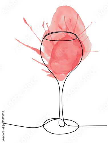 Wineglass One line art Vector illustration. Watercolor Hand draw Wine splash of poured Red wine, isolated on white background. Wine degustation logo design, t shirt, alkochol bottle cover.