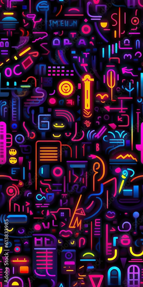 Cute phone wallpaper with various 3d objects and shapes on neon purple background. Generated AI. Cute phone wallpaper with various 3d objects and shapes on neon purple background. Generated AI.