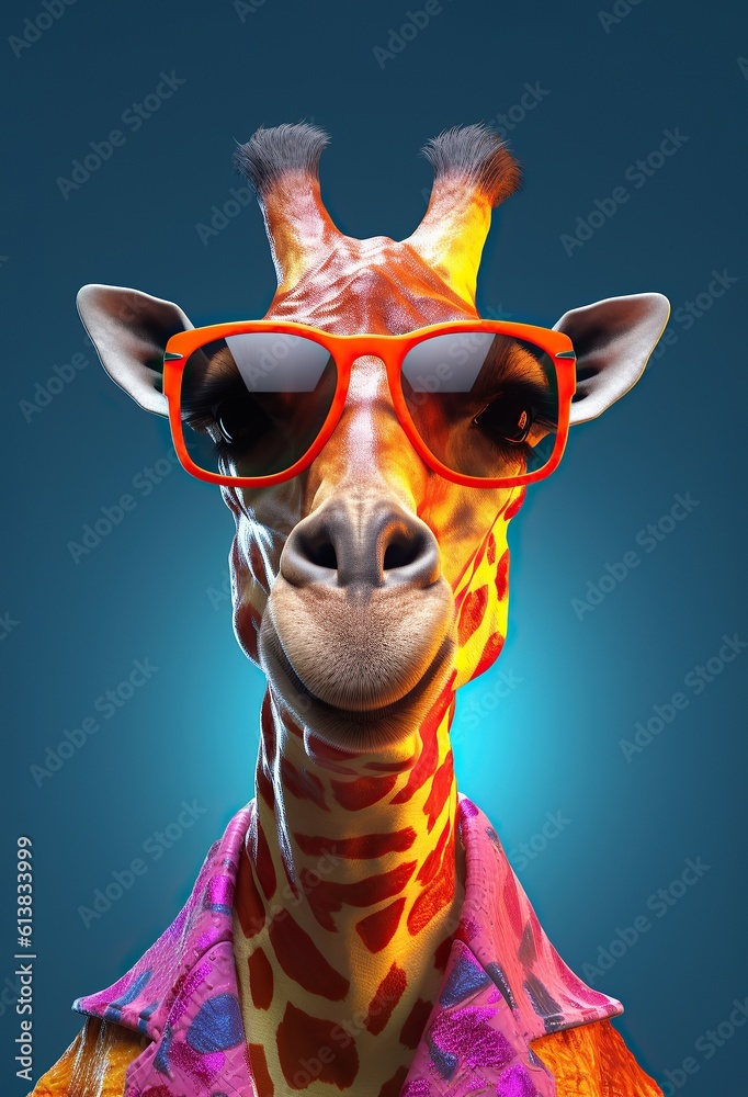 Fashionable anthropomorphic portrait of a pet animal giraffe wearing fashion clothing, summer glasses, bright pastel colors, ultralight pink, baby pink background.