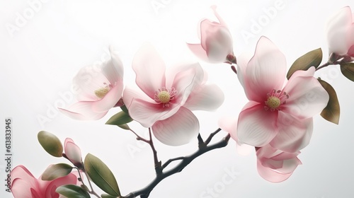 Realistic fruit tree branch with spring flowers. Beautiful flowering almond tree in spring day. Generative AI. Illustration for cover, card, postcard, brochure, advertising or presentation. © Login