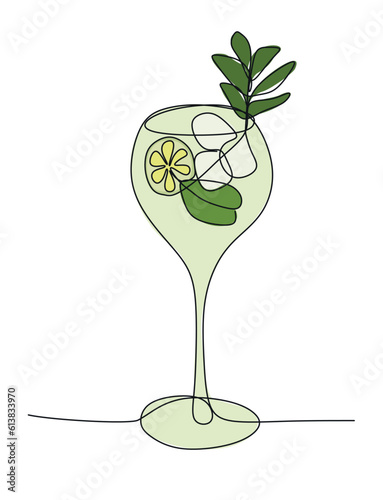 Mohito one line Vector drawing. Continuous line Drink with lime and Ice cubes isolated Illustration. Hand drawn icon for design art, t-shirt printing, bar or restaurant label, postcard, party poster. 