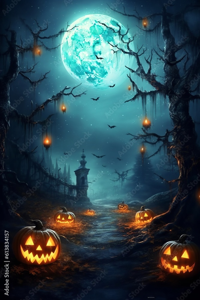 A beautiful background to promote halloween party with pumpkins, bats, lights and ornaments. Create with generative ai.