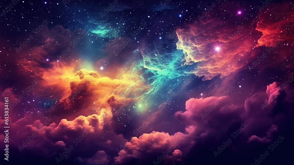 Stary night cosmos. Universe science astronomy. Colorful space galaxy cloud nebula. Generative AI for banner, poster, cover, brochure or presentation.