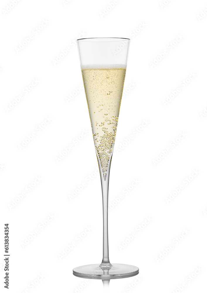 Yellow golden champagne fine crystal elegant glass on white with bubbles. Yellow golden champagne fine crystal elegant glass on white with bubbles.