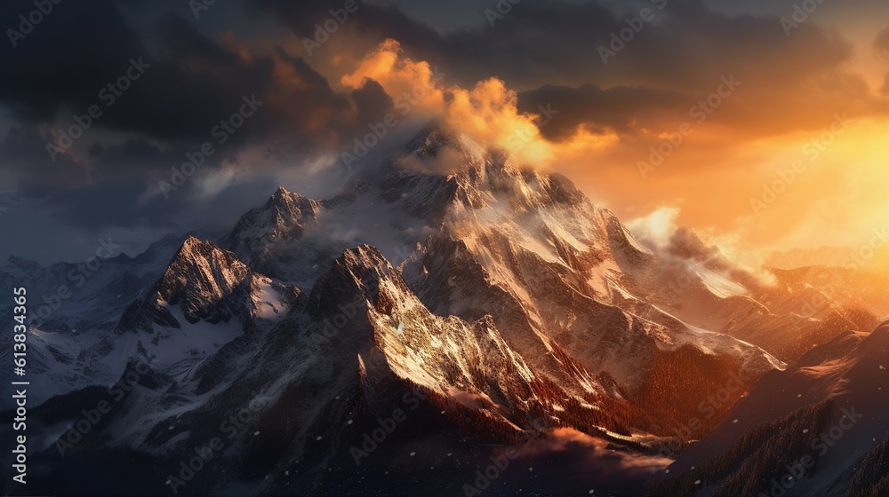 A beautiful realistic landscape with montains, clouds and ice. Create with generative ai.