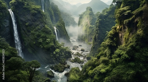 A beautiful landscape with waterfalls, fog and mountains. Create with generative ai. © joseduardo