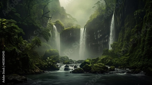 A beautiful landscape with waterfalls, fog and mountains. Create with generative ai.