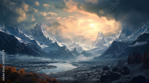 A beautiful realistic landscape with montains  clouds and ice. Create with generative ai.