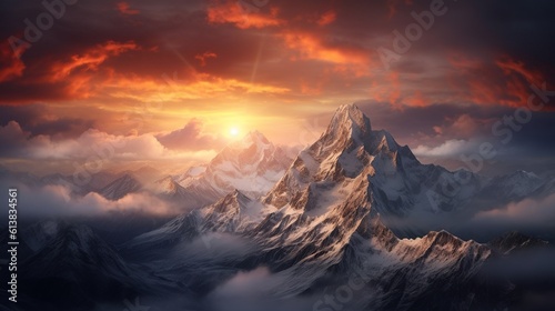 A beautiful realistic landscape with montains, clouds and ice. Create with generative ai. © joseduardo