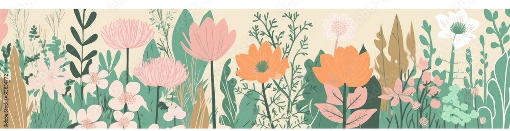 A background of an illustration featuring beautiful flowers in a garden in pastel tones for spring and summer. Generative AI A background of an illustration featuring beautiful flowers in a garden in pastel tones for spring and summer. Generative AI