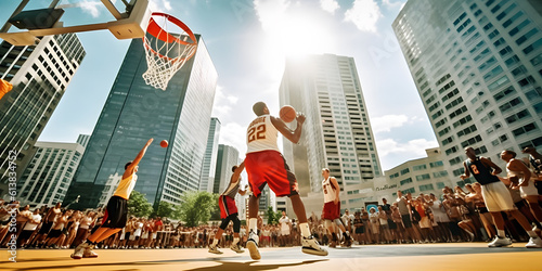 A basketball game in progress on an outdoor court, with players jumping high in the air to make slam dunks. The court is surrounded by tall buildings. photo