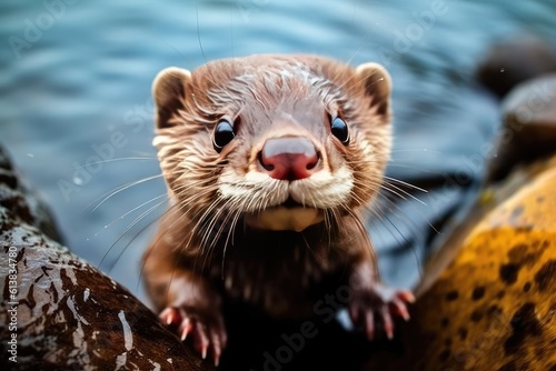 Cute otter peeking out of the water. Generative AI.