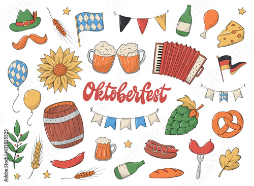 Set of Oktoberfest doodles, cartoon elements for stickers, prints, icons, clip art, cards decor, sublimation, labels, tags, etc. EPS 10