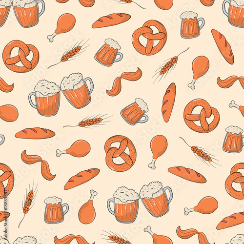 Oktoberfest seamless pattern with doodles for wrapping paper, backgrounds, wallpaper, scrapbooking, packaging, textile prints, etc. EPS 10