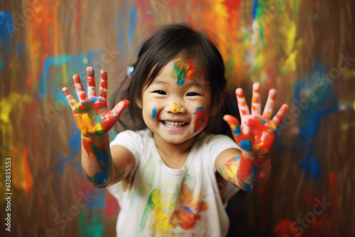 Little girl with his hands full of paint smiling at the camera. Generative AI