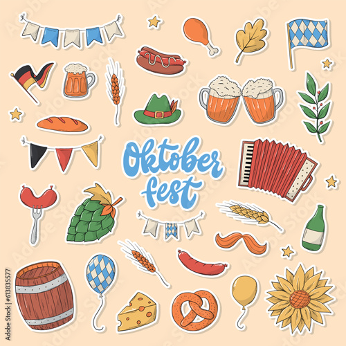 Set of Oktoberfest hand drawn stickers with white edge. Doodles, cartoon elements for prints, sublimation, holiday decor, icons, cards, etc. EPS 10