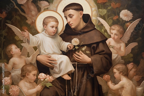 Saint Anthony of Padua religion faith holy illustration. St. Anthony. Patron Saint of Lost Items. With Child Jesus.
