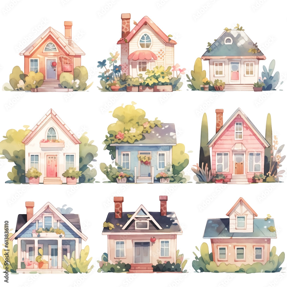 Collection of watercolor cartoon home, house and building city element with natural tree. Generative AI