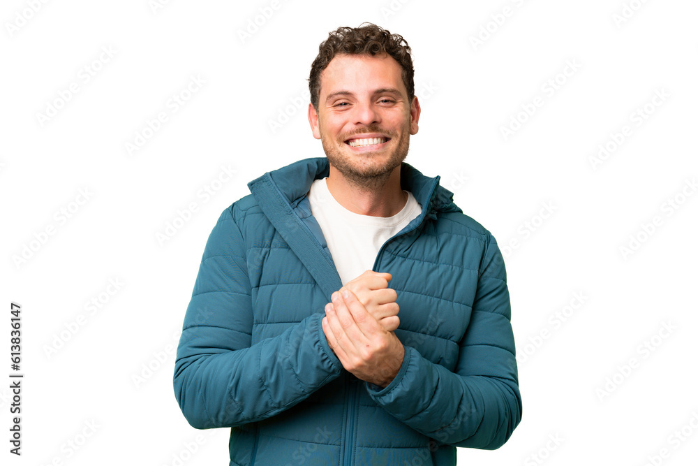 Brazilian man over isolated chroma key background laughing Brazilian man over isolated chroma key background laughing