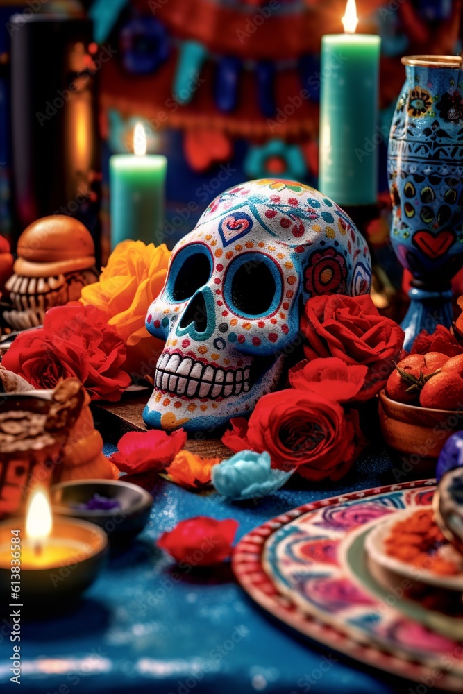 A background to promote day of dead mexican celebration with mexican skulls, guitar, candles and ornaments. Create with generative ai.
