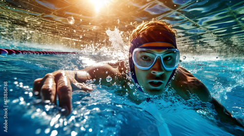 A group of determined swimmers slicing through crystal-clear water in a pool, with sunlight streaming from above. Swimming ad concept. © ckybe