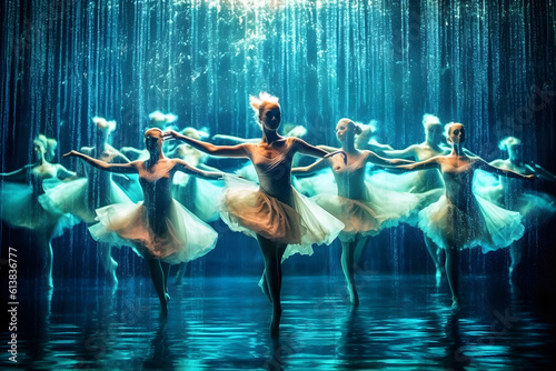 A group of synchronized swimmers in ballet style performing an elegant routine in a sparkling pool, illuminated by the soft glow of underwater lights