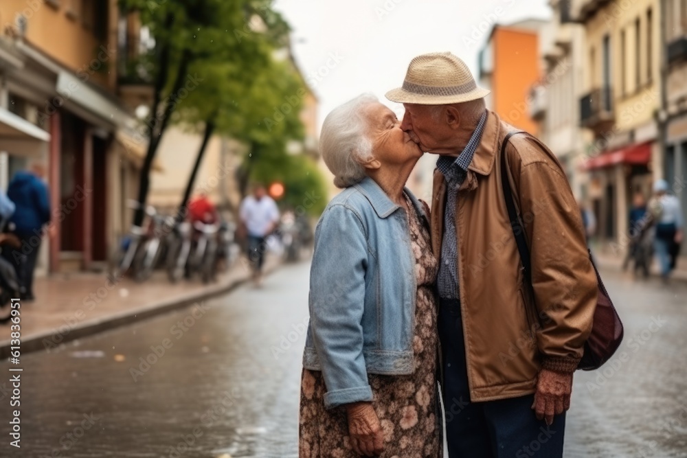 loving old couple kissing at the street, AI Generative