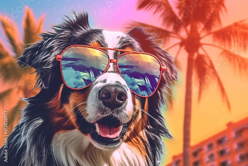Colorful portrait of Australian shepherd dog aussi in sunglasses. Palms at background. Generative AI
