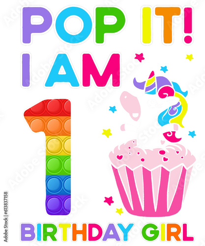 Pop It  I Am 1 Birthday Girl Rainbow Color Unicorn