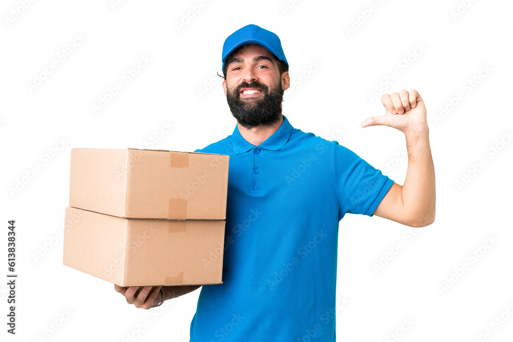 Delivery caucasian man over isolated chroma key background proud and self-satisfied Delivery caucasian man over isolated chroma key background proud and self-satisfied