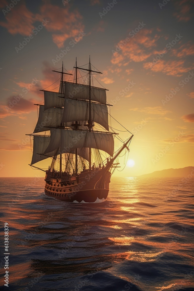 Frigate sailing under full sail at sunset. Generative AI