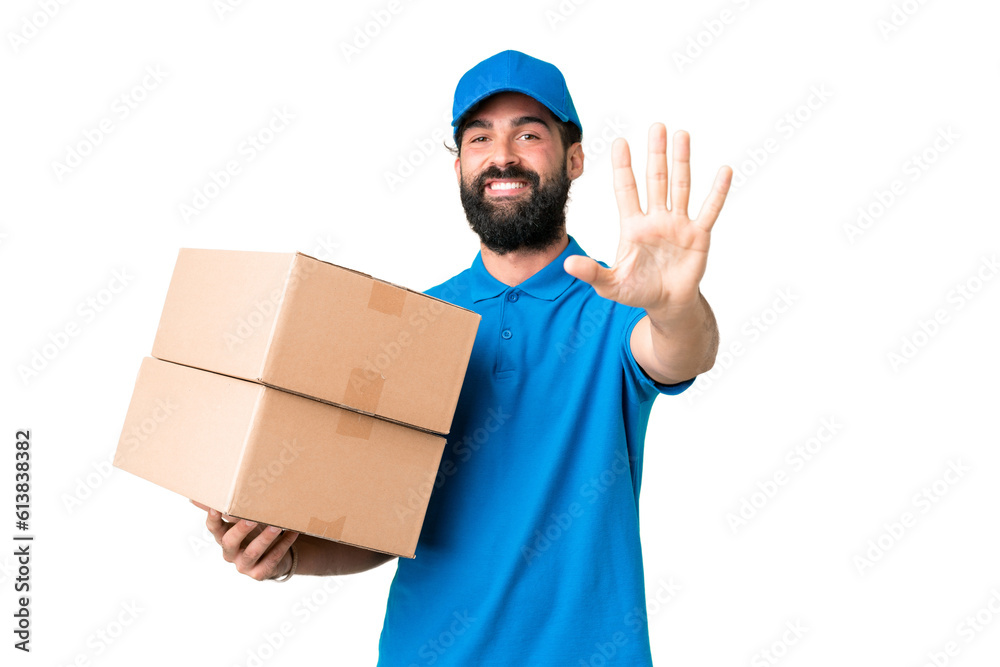 Delivery caucasian man over isolated chroma key background counting five with fingers Delivery caucasian man over isolated chroma key background counting five with fingers