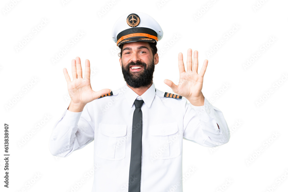 Airplane caucasian pilot man over isolated chroma key background counting ten with fingers Airplane caucasian pilot man over isolated chroma key background counting ten with fingers