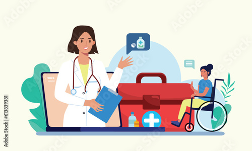 Psychological counseling concept. Vector online psychological assistance service illustration Disabled women take online consultation with female doctor via laptop first aid kit box