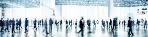 blurred business people walking at a trade fair, conference or walking in a modern hall, motion speed blur, wide panoramic banner