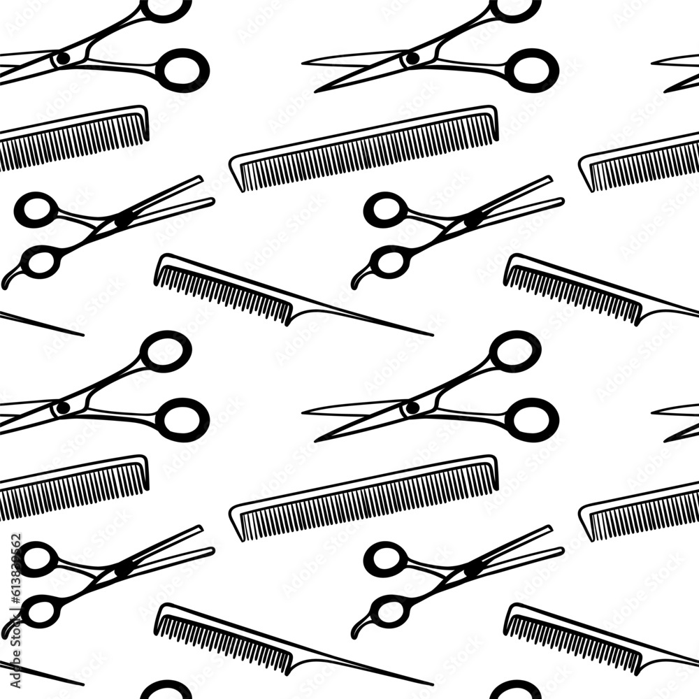 Barbershop seamless pattern, black on white repeating pattern. Print for men s barber shop. A set of accessories for men s hairdresser on white background.