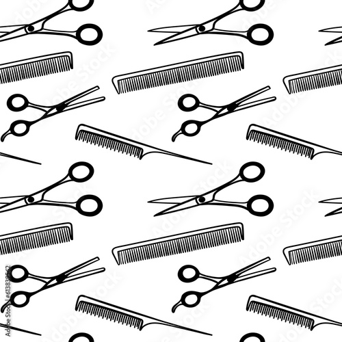 Barbershop seamless pattern, black on white repeating pattern. Print for men s barber shop. A set of accessories for men s hairdresser on white background.