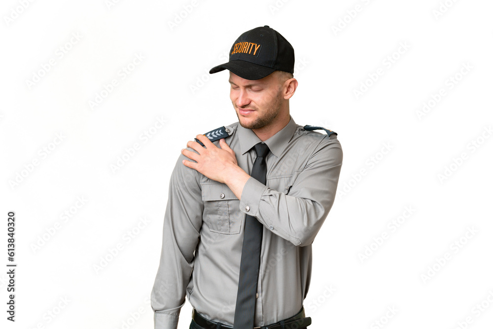 Young security caucasian man over isolated background suffering from pain in shoulder for having made an effort Young security caucasian man over isolated background suffering from pain in shoulder for having made an effort