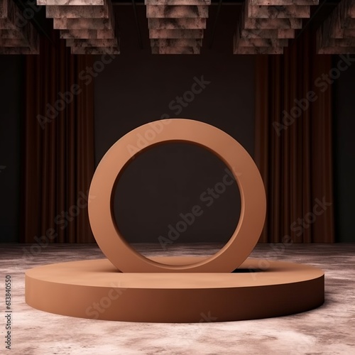 A gamer podium stage background with empty space to promote products and services. War Camouflage Effects. Brown Color Palette. Create with generative ai.