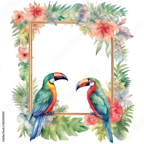 Watercolor tropical summer frame with bird  flowers and leaf. Generative AI