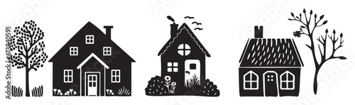 Set of rustic cottage motif in homestead vintage style. Vector illustration of whimsical rural country house. 