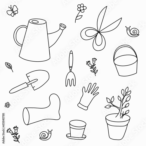 Vector set with hand drawn isolated doodles on the theme of garden, garden tools, agriculture, inventory, harvest. Gardening symbols on white background. Sketches for use in design.