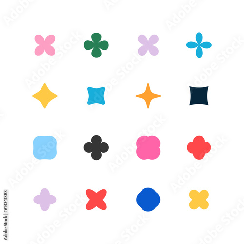 Set of 16 geometric shape - stars, rhombus, clover and four-leaf flower. Modern linear design sign.